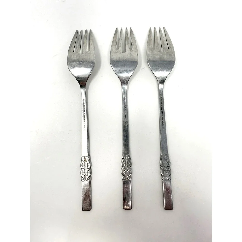 International‎ Stainless Deluxe Danish Scroll Salad Forks Set of 3 MCM